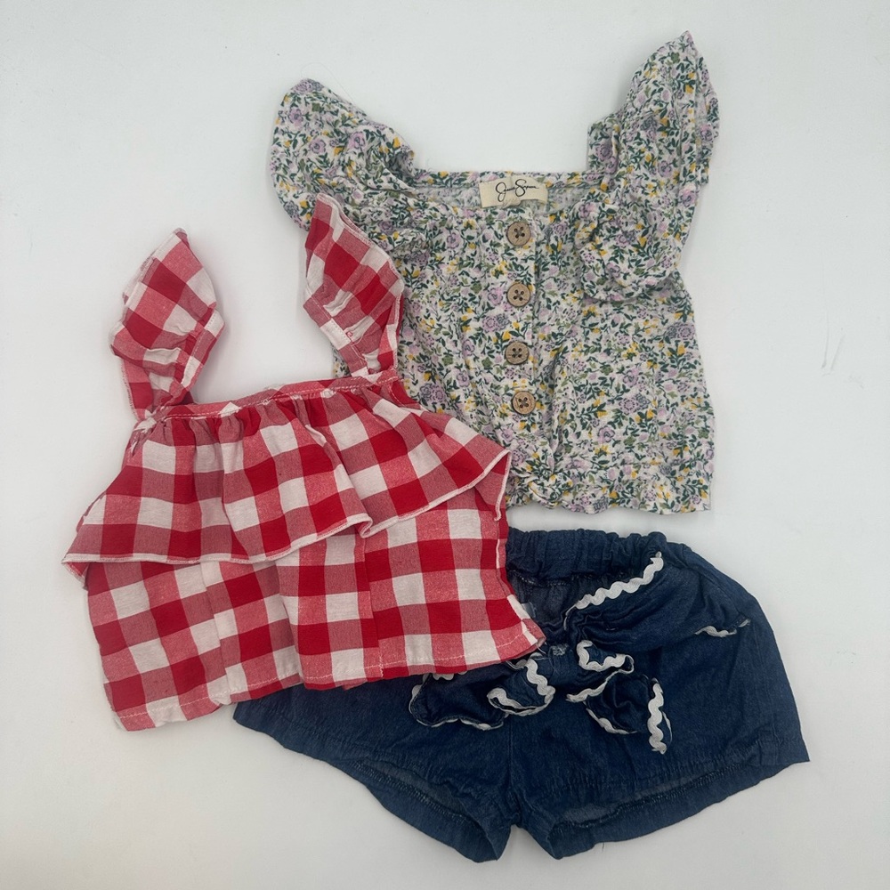 Kids 2T Jessica Simpson Flora Top and Red Checkered with Blue Shorts Bundle of 3